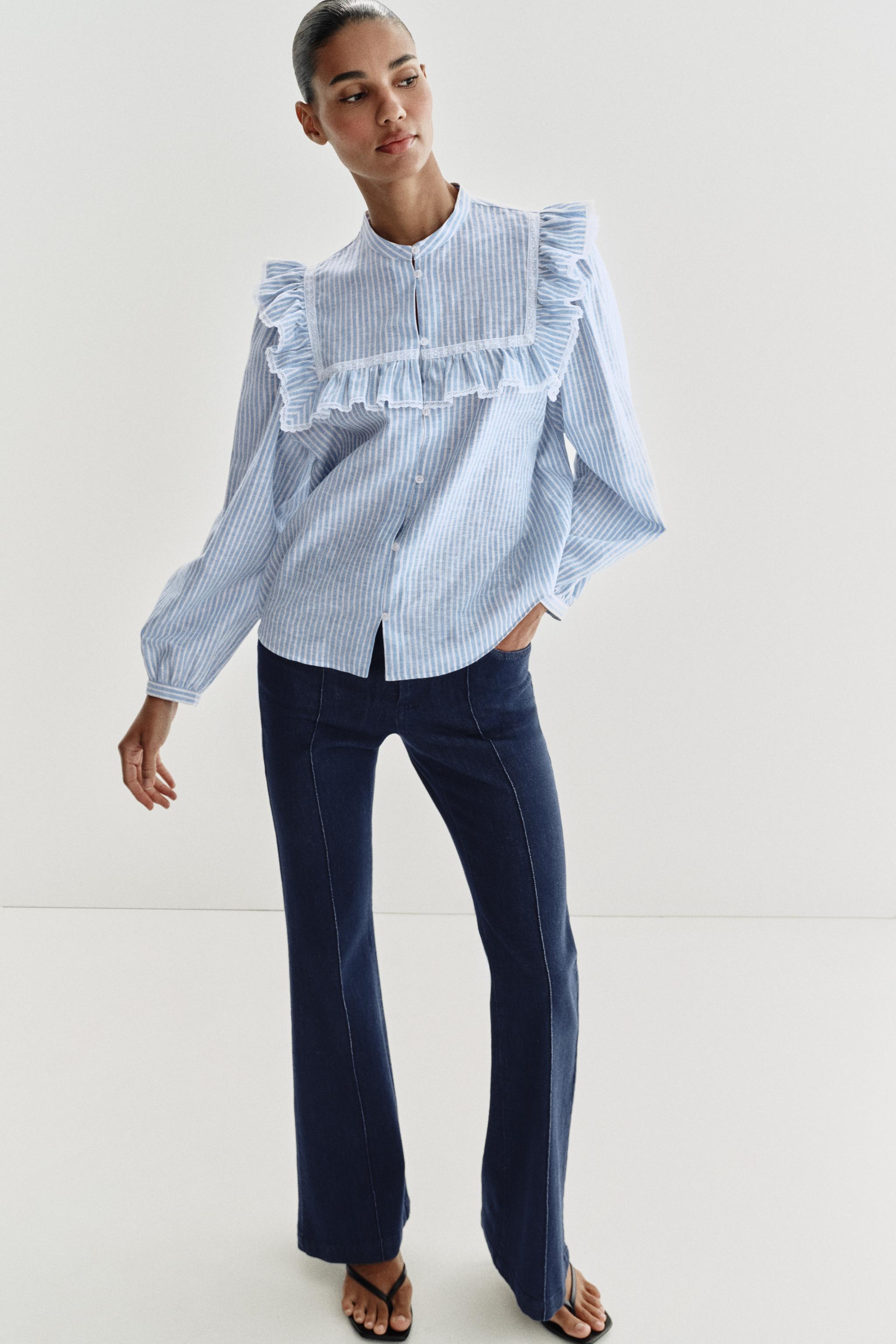 METALLIC THREAD RUFFLED STRIPED SHIRT
